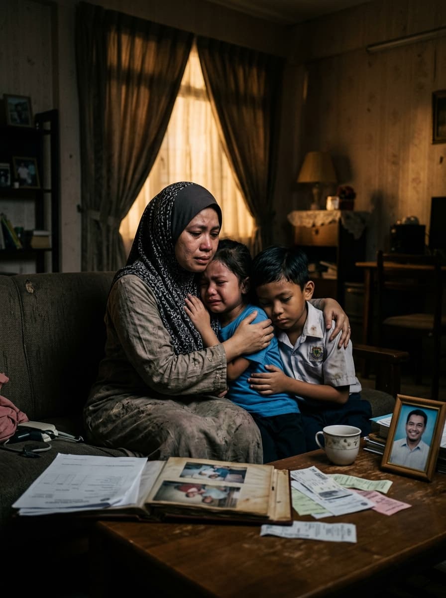 Worried Malaysian mother comforting her children after loss of income